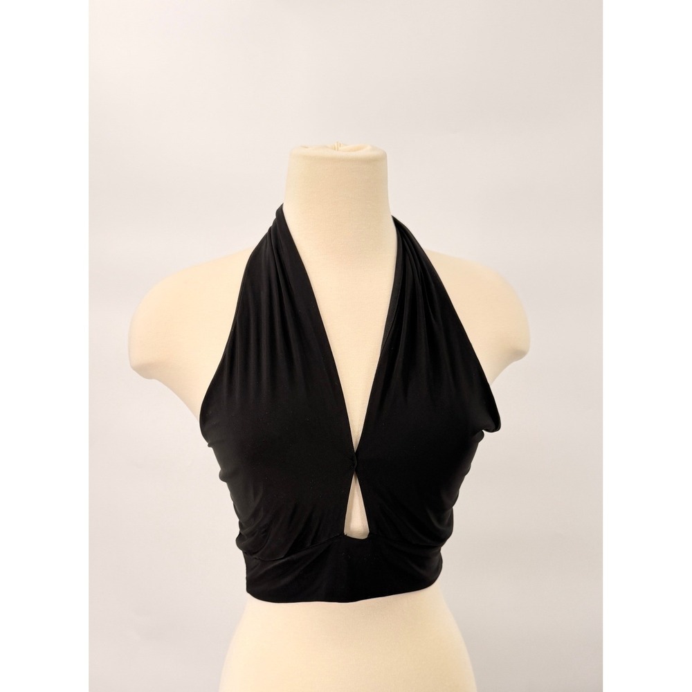 21 Saints Halter Crop Top Womens Size Medium Black V-Neck Keyhole Draped Y2K